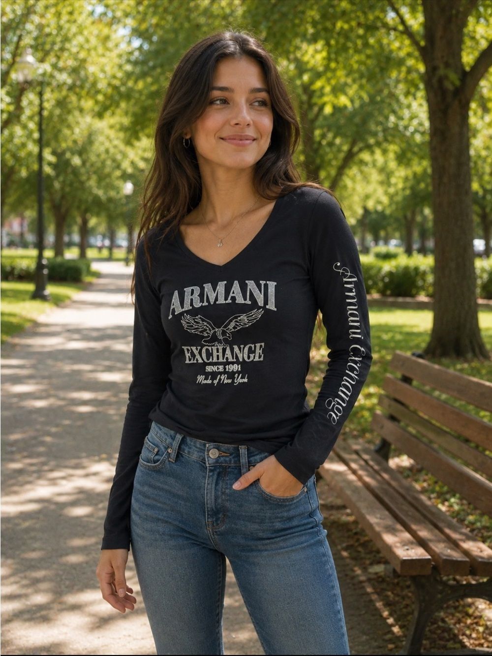 (A5) Armani Exchange vintage 2000,Women's Black Long-Sleeve V-Neck Logo Top,Sz S
